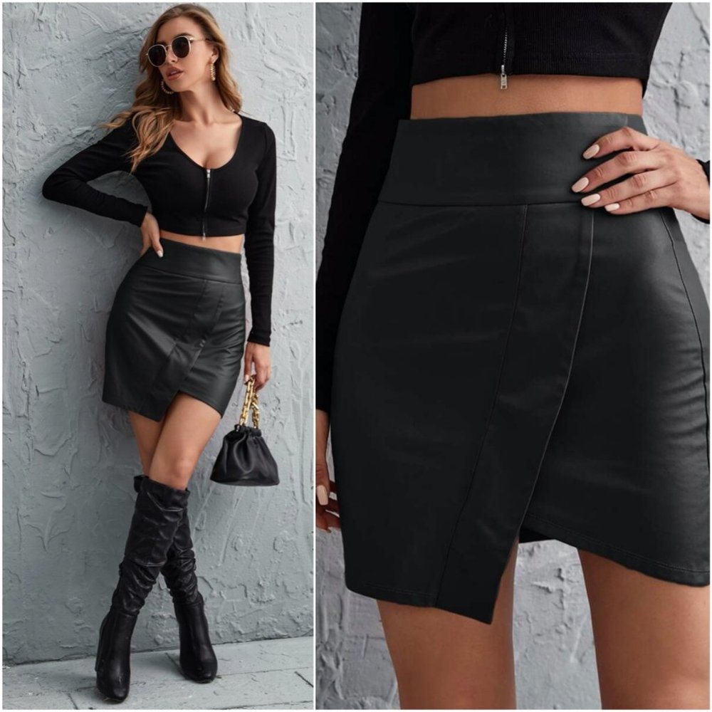 Camel Asym Wide waist vegan leather mini skirt - Picture 3 of 14